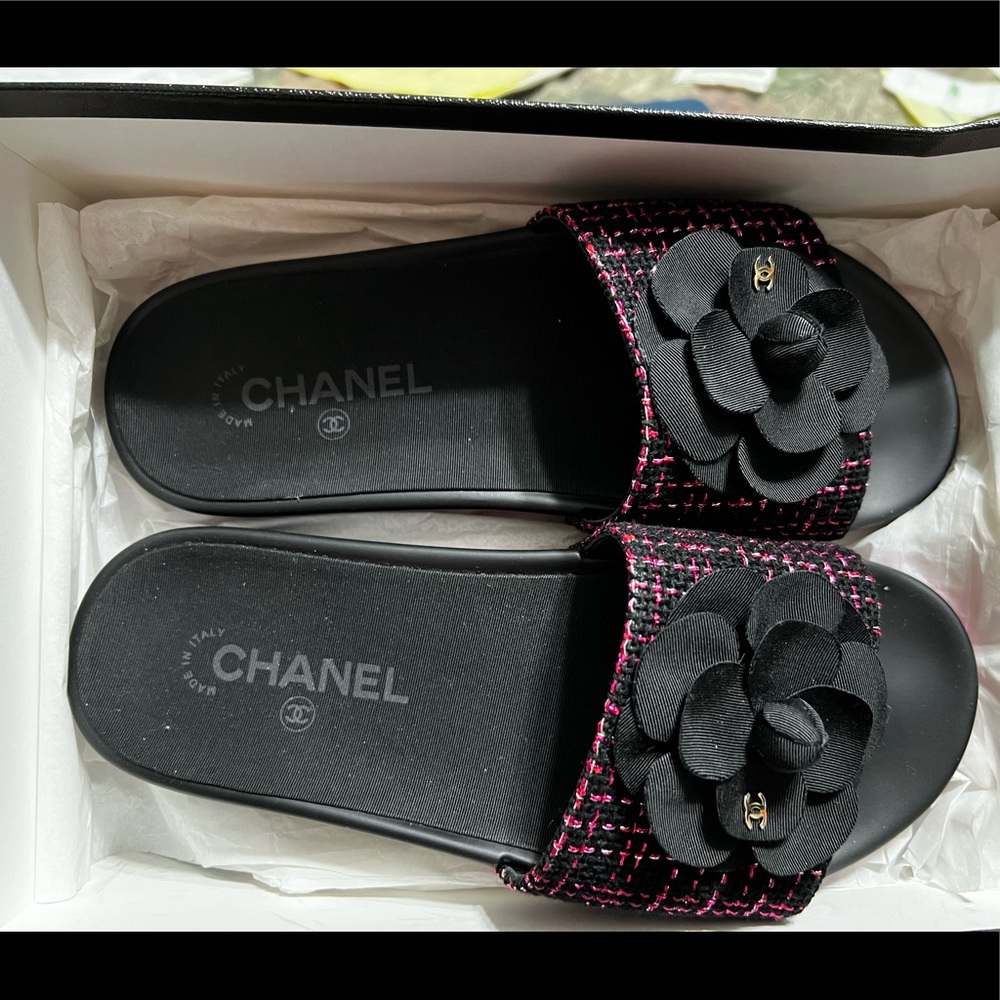 Chanel Pink and Black tweed Camilla Mules sz 8